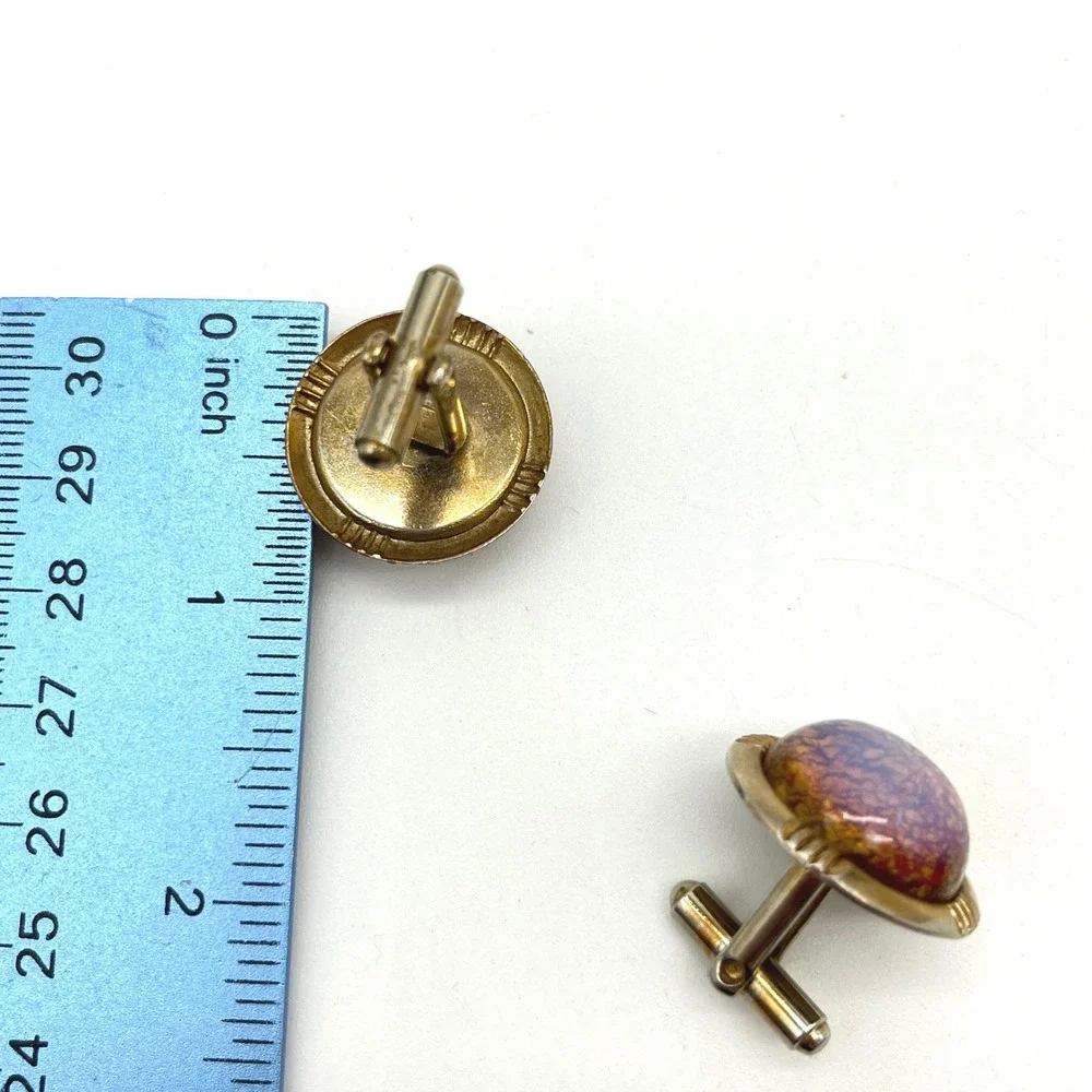 Vintage‎ Round Cufflinks Artistic Amber Purple Stone Metal Toggle Back Mens